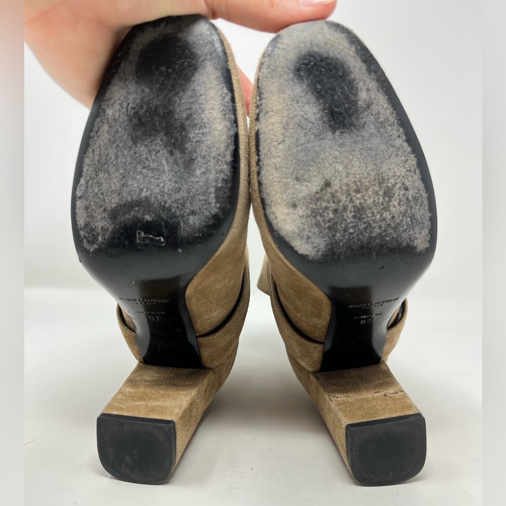 Saint Laurent Babies 90 Cross Ankle Boot Tan /Taupe Suede Block Heel YSL logo 37 - Picture 7 of 10